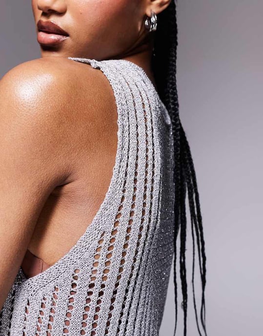ASOS DESIGN knitted column midaxi dress in metallic yarn in silver - Image 3
