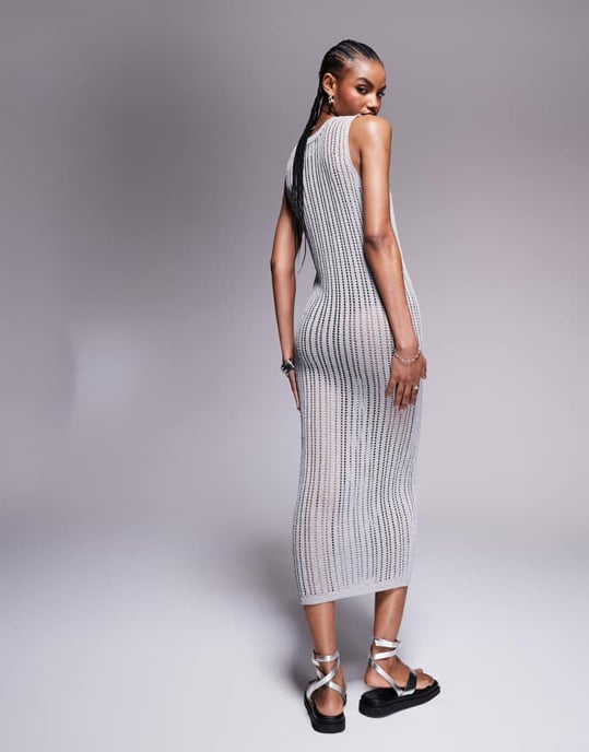 ASOS DESIGN knitted column midaxi dress in metallic yarn in silver - Image 4