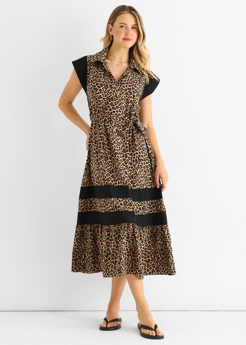 Brown Animal Contrast Panel Smock Midi Dress - Image 1