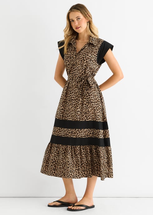 Brown Animal Contrast Panel Smock Midi Dress - Image 3