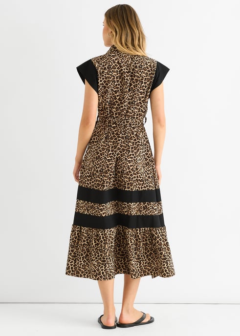 Brown Animal Contrast Panel Smock Midi Dress - Image 4