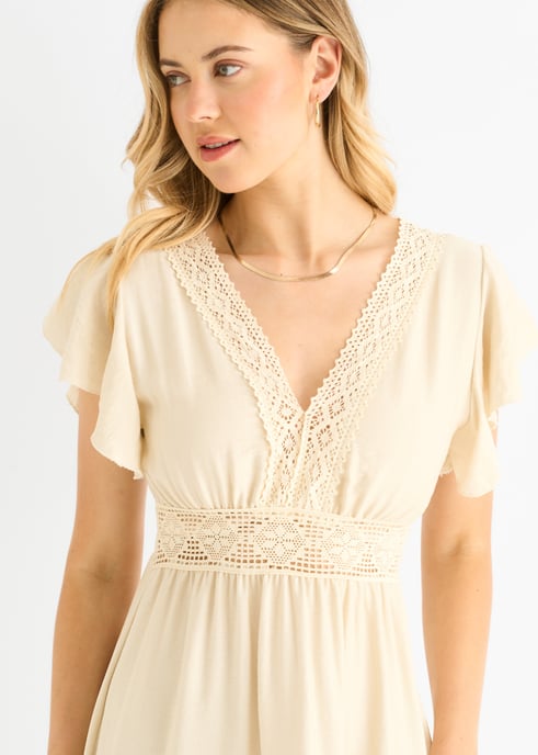 Beige Crochet Lace Panel Elasticated Waist Midi Dress - Image 2