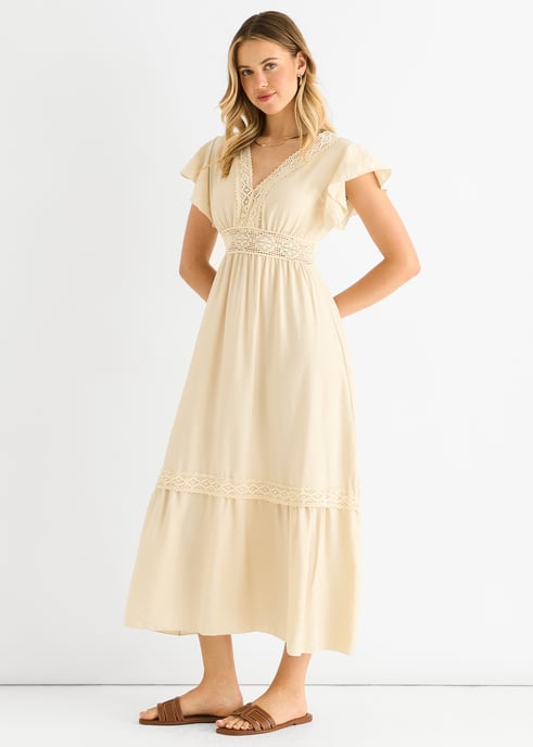 Beige Crochet Lace Panel Elasticated Waist Midi Dress - Image 3