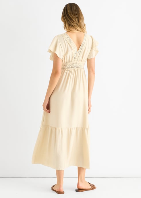 Beige Crochet Lace Panel Elasticated Waist Midi Dress - Image 4