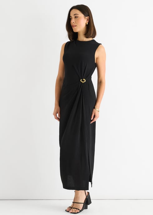 Black Waist Ruched Metal Trim Sleeveless Midi Dress - Image 3