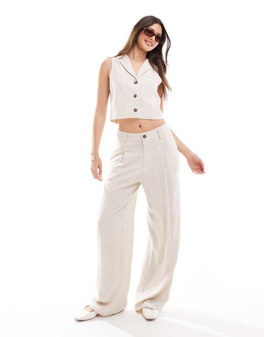 Miss Selfridge linen blend button through waistcoat in natural slub - Image 2