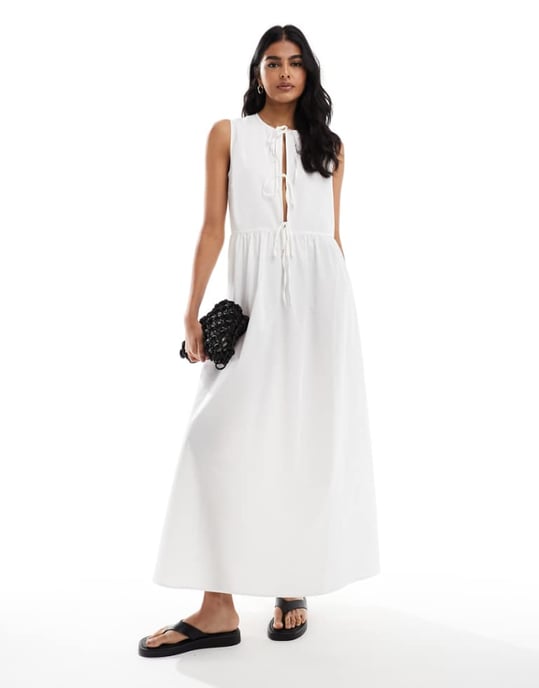 ASOS DESIGN poplin tie front maxi dress in white - Image 1