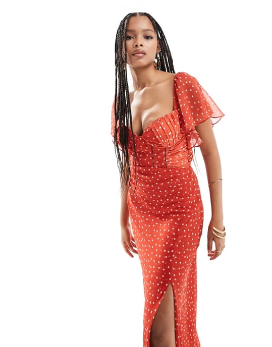 ASOS DESIGN satin corset detail chiffon bias maxi dress with flutter sleeve in micro spot - Image 1