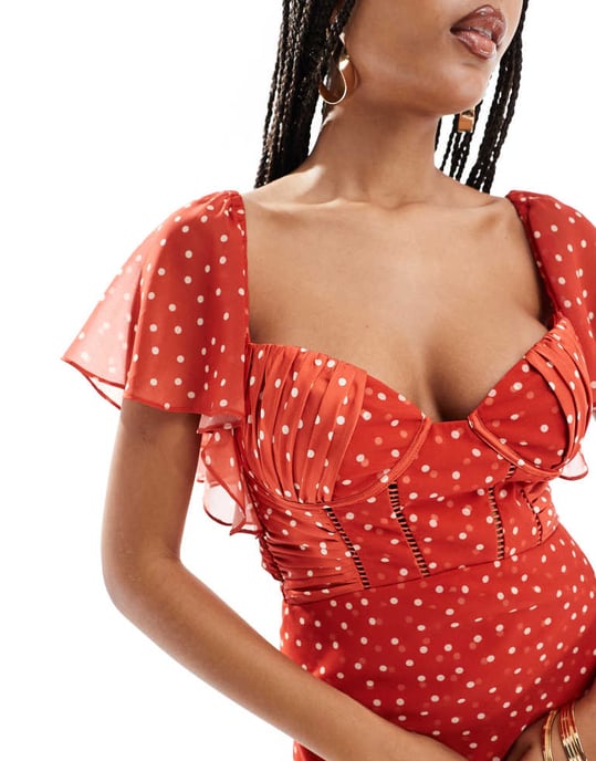 ASOS DESIGN satin corset detail chiffon bias maxi dress with flutter sleeve in micro spot - Image 2