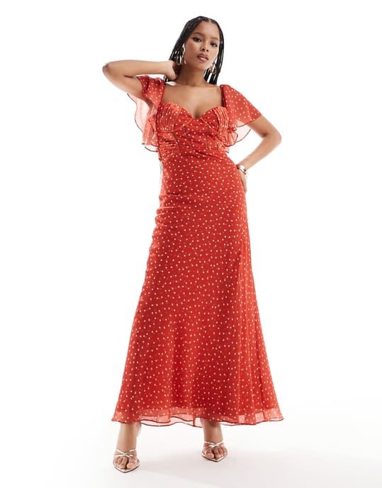 ASOS DESIGN satin corset detail chiffon bias maxi dress with flutter sleeve in micro spot - Image 3