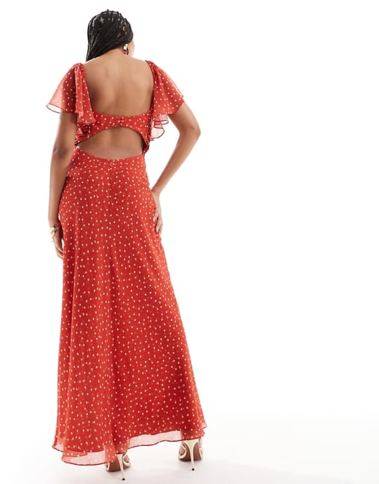 ASOS DESIGN satin corset detail chiffon bias maxi dress with flutter sleeve in micro spot - Image 4