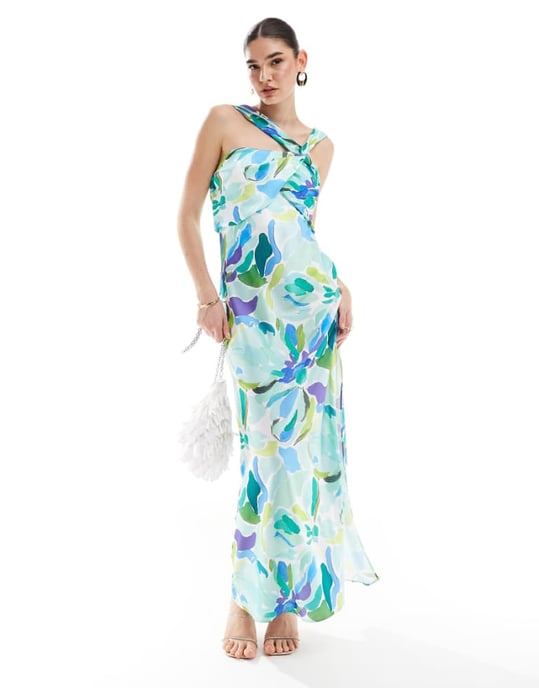 ASOS DESIGN satin drape twist strap maxi dress in bold floral print - Image 1