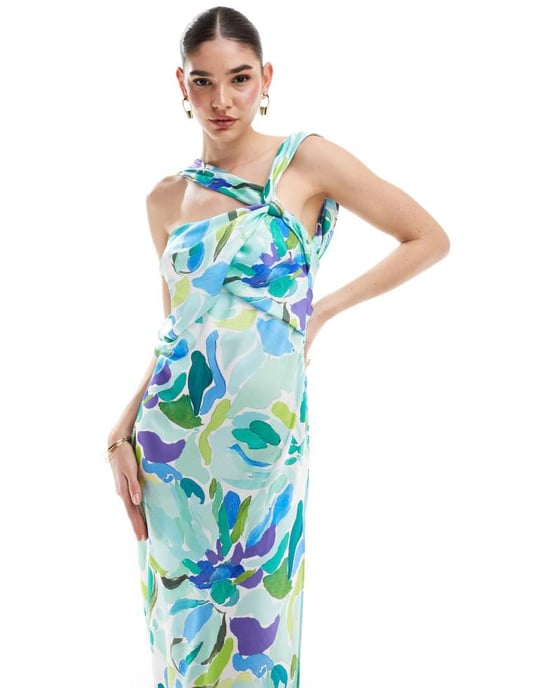 ASOS DESIGN satin drape twist strap maxi dress in bold floral print - Image 4