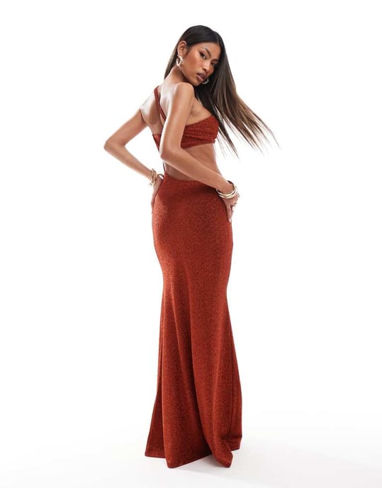 ASOS DESIGN sparkle one shoulder faux-ord maxi dress in rust - Image 3