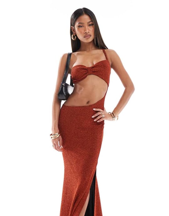 ASOS DESIGN sparkle one shoulder faux-ord maxi dress in rust - Image 4