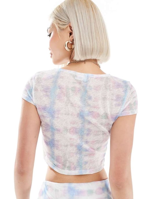 Noisy May cropped mesh t-shirt co-ord with abstract print in pastel - Image 4