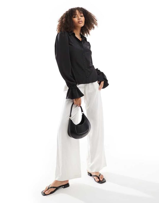 ASOS DESIGN volume sleeved soft shirt with ruffle cuffs in black - Image 2