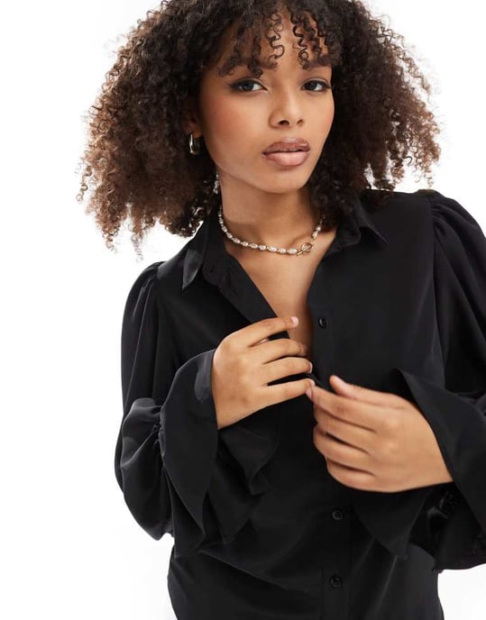 ASOS DESIGN volume sleeved soft shirt with ruffle cuffs in black - Image 3