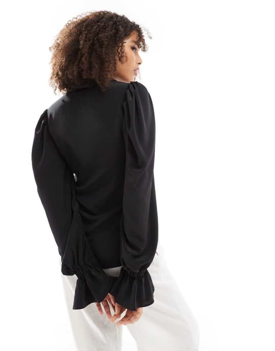 ASOS DESIGN volume sleeved soft shirt with ruffle cuffs in black - Image 4