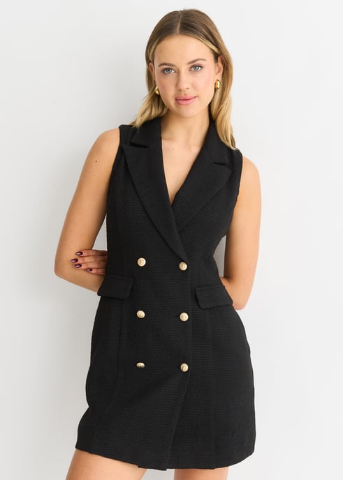Black Double Breast Boucle Blazer Mini Dress - Image 2