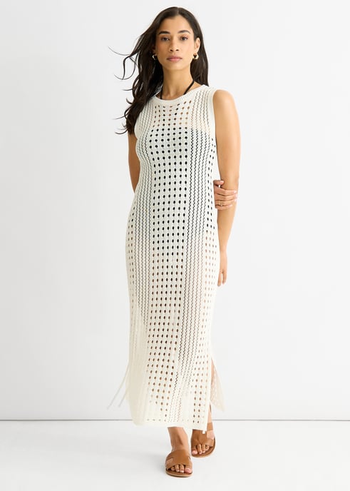 White Crochet Knit Bodycon Midi Dress - Image 1