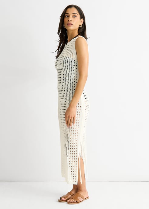 White Crochet Knit Bodycon Midi Dress - Image 3