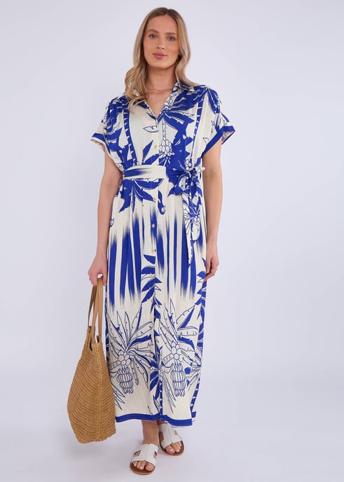 Blue Tropical Print Midi Shirt Dress - Image 1
