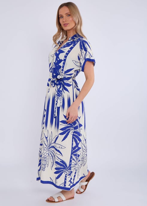 Blue Tropical Print Midi Shirt Dress - Image 3