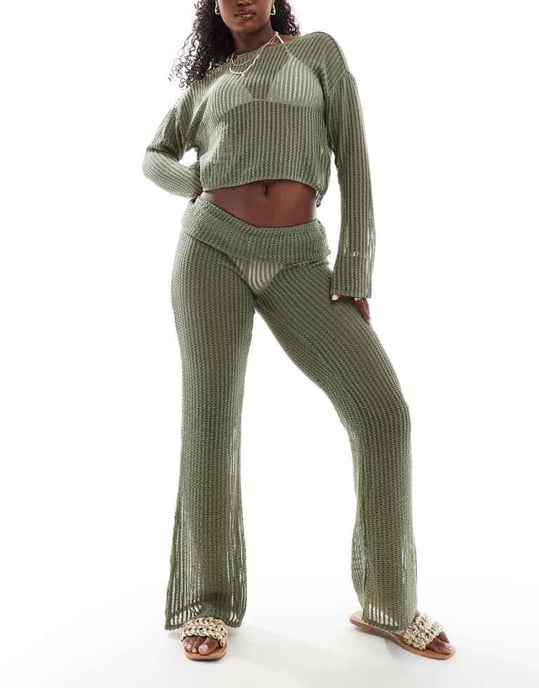 ONLY flare beach trousers with folded waistband co-ord in sage green - Image 1