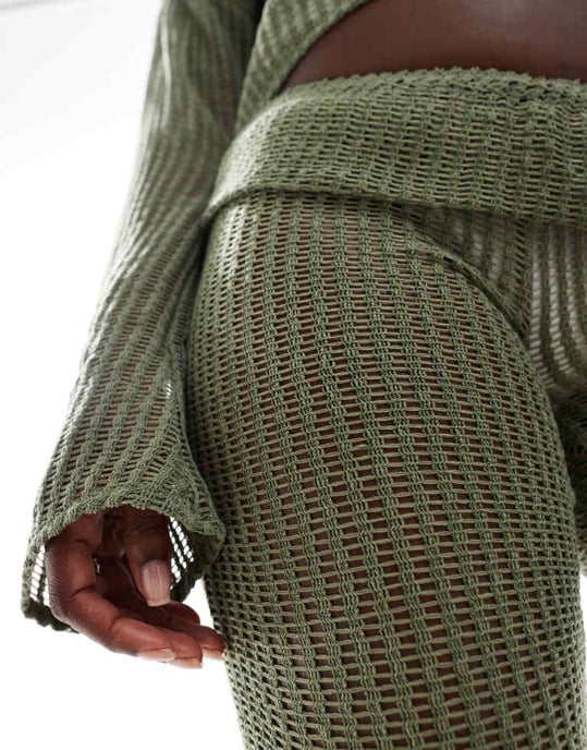 ONLY flare beach trousers with folded waistband co-ord in sage green - Image 3