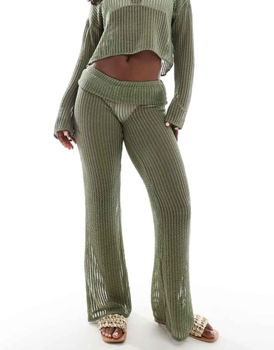 ONLY flare beach trousers with folded waistband co-ord in sage green - Image 4