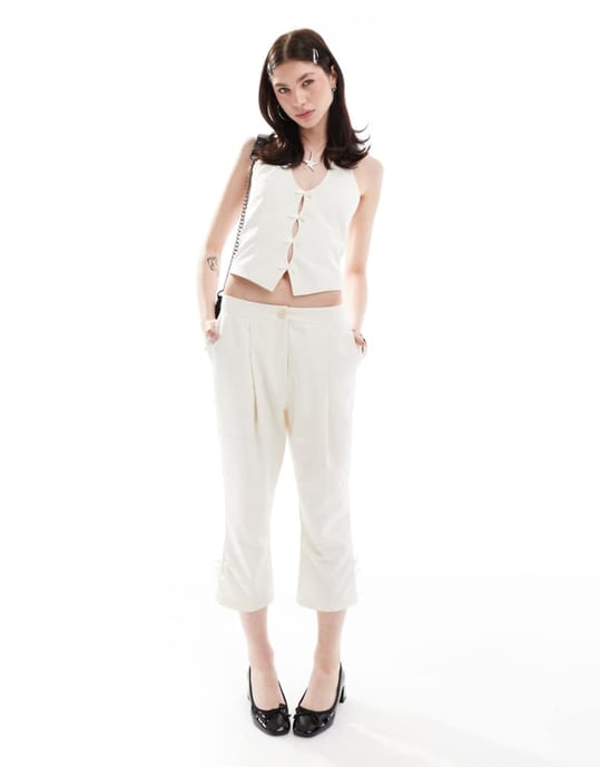 Reclaimed Vintage capri trousers with bows in white co-ord - Image 1