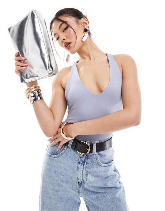 ASOS DESIGN second skin twist back v neck bodysuit in dusky blue - Image 1