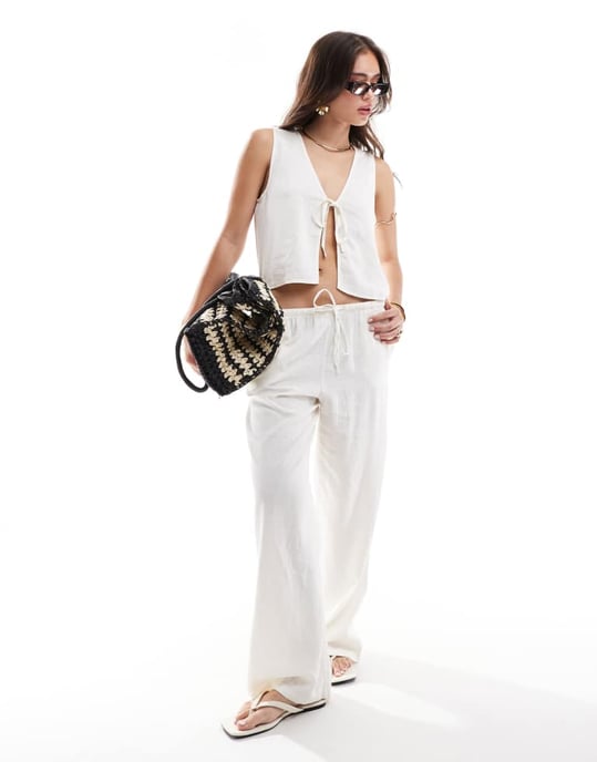 JDY linen mix front tie waistcoat co-ord in white - Image 2