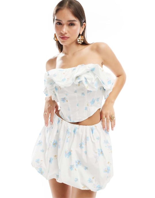 ASOS DESIGN off shoulder puff detail bandeau co-ord in blue and white floral - Image 1