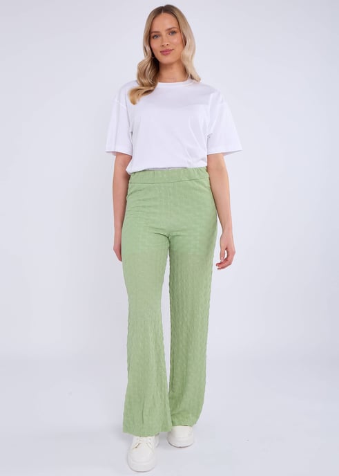Sage Green Textured Elasticated Waist Flared Trousers - Image 1