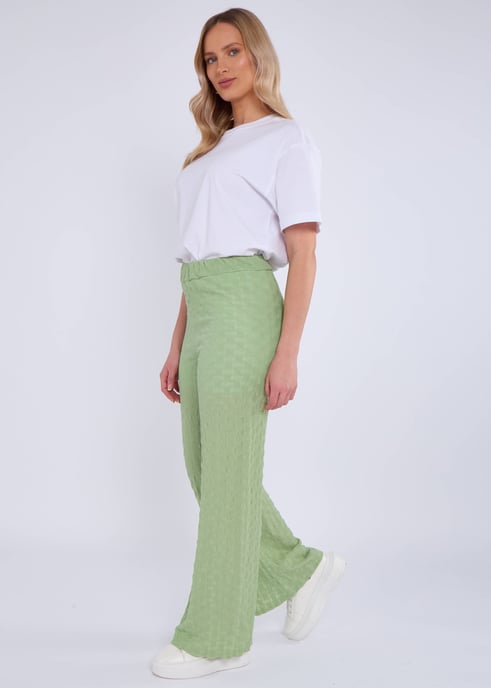 Sage Green Textured Elasticated Waist Flared Trousers - Image 3