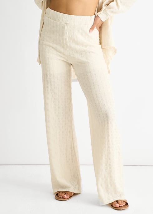 Beige Textured Elasticated Waist Flared Trousers - Image 2