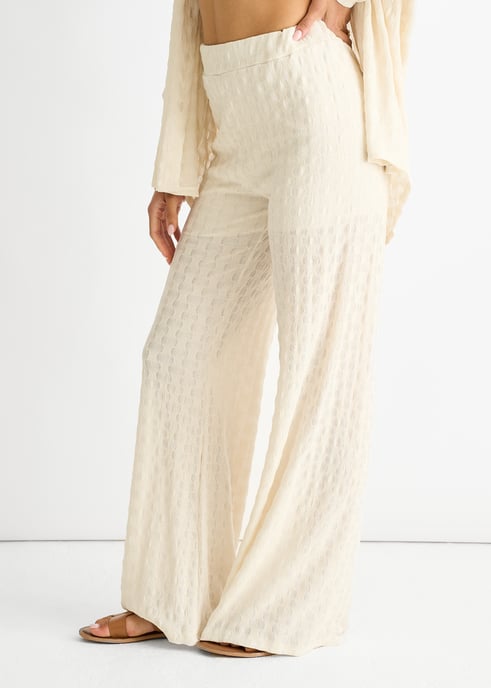 Beige Textured Elasticated Waist Flared Trousers - Image 3