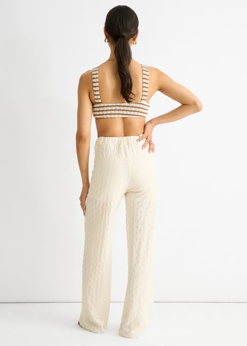 Beige Textured Elasticated Waist Flared Trousers - Image 4