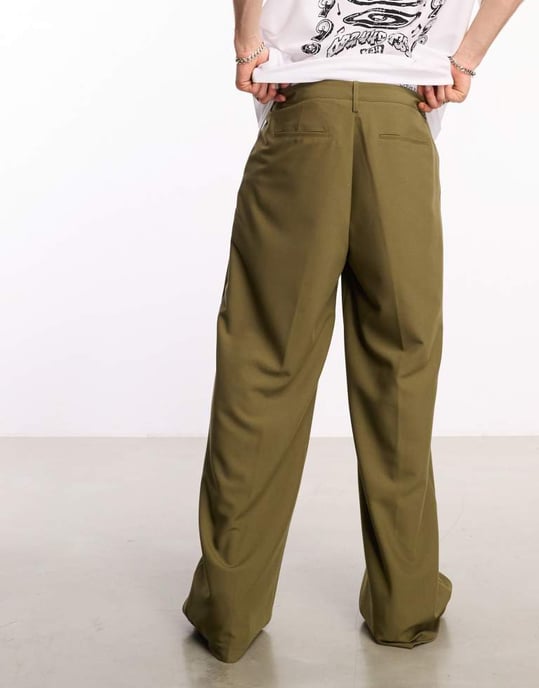 COLLUSION relaxed wide leg tailored trousers in olive - Image 4