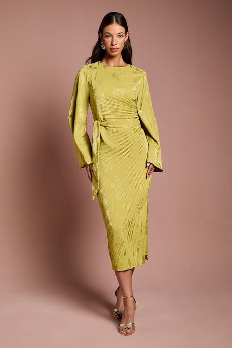 Long Flare Sleeve Pleated Jacquard Midi Dress - Image 1