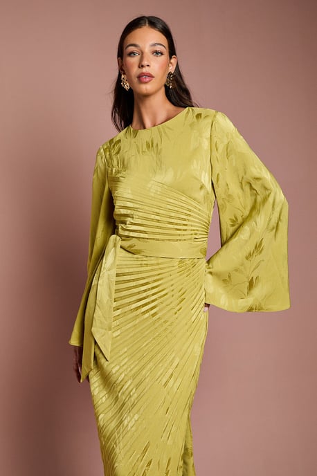 Long Flare Sleeve Pleated Jacquard Midi Dress - Image 2