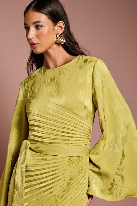 Long Flare Sleeve Pleated Jacquard Midi Dress - Image 3