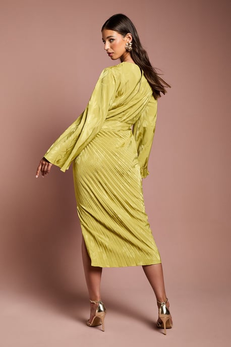 Long Flare Sleeve Pleated Jacquard Midi Dress - Image 4
