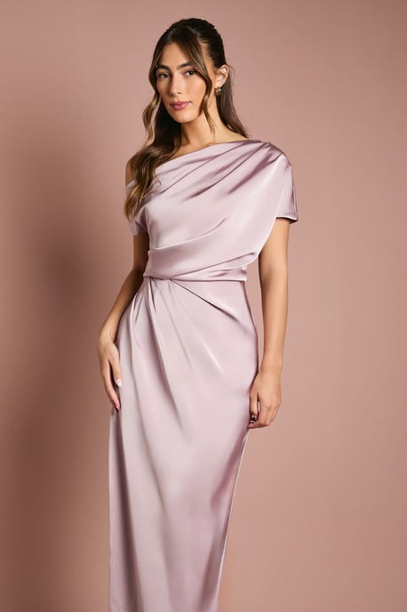 Satin Ruched Detail Off The Shoulder Maxi Bridesmaid Dress - Image 2