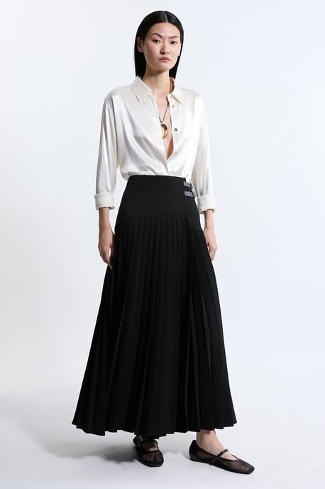 Tailored Crepe Pleated Buckle Detailed Maxi Skirt - Image 2