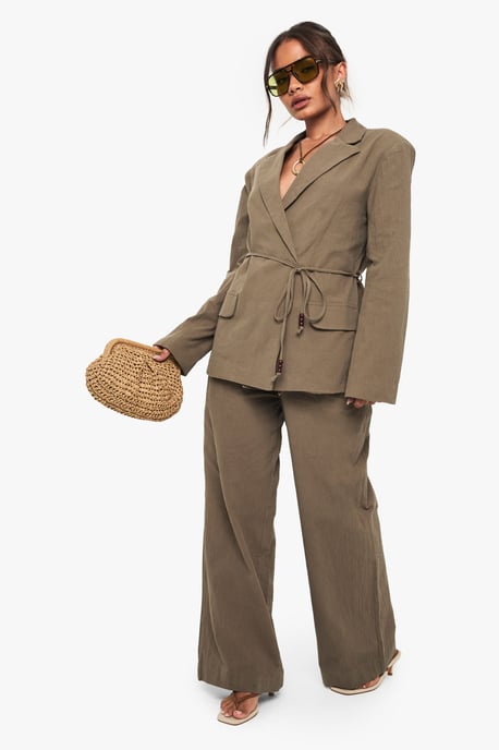 Linen Beaded Tie Detail Wide Leg Trouser - Image 1