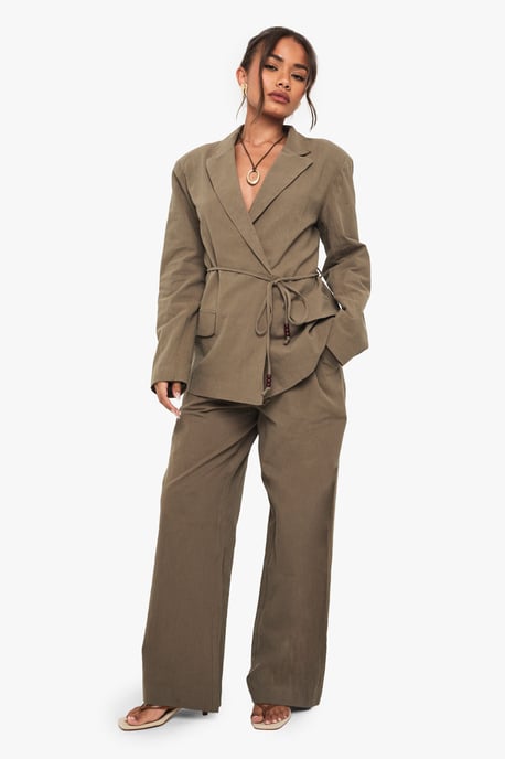Linen Beaded Tie Detail Wide Leg Trouser - Image 3