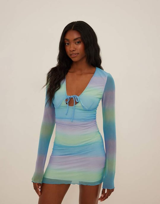 NA-KD long sleeve mesh mini dress in multi colour stripe - Image 3